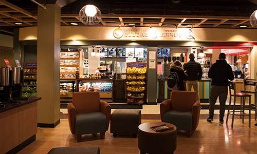 Students ordering coffee from the Pioneer Indoor Terrace